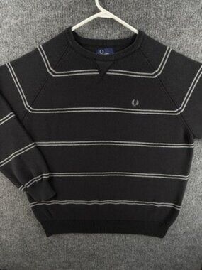 Fred Perry Heavyweight Logo Pullover XL Crew Neck Cotton Black Sweater Striped